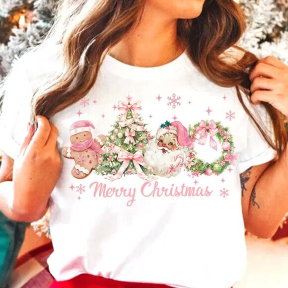 Tops - Christmas Tree Shirt, Pink Bow Christmas Tree Shirt, Christmas Gift